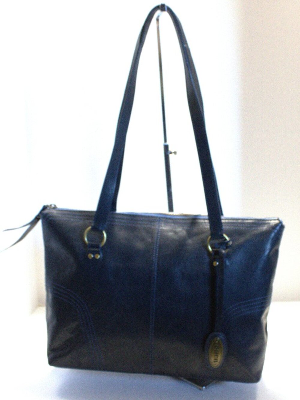 Born, Navy Blue Leather Tote Bag with Antique Gold Hardware